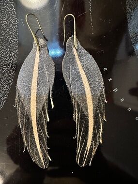 Handmade Boho Leather Matte & Metallic Black on tan earrings